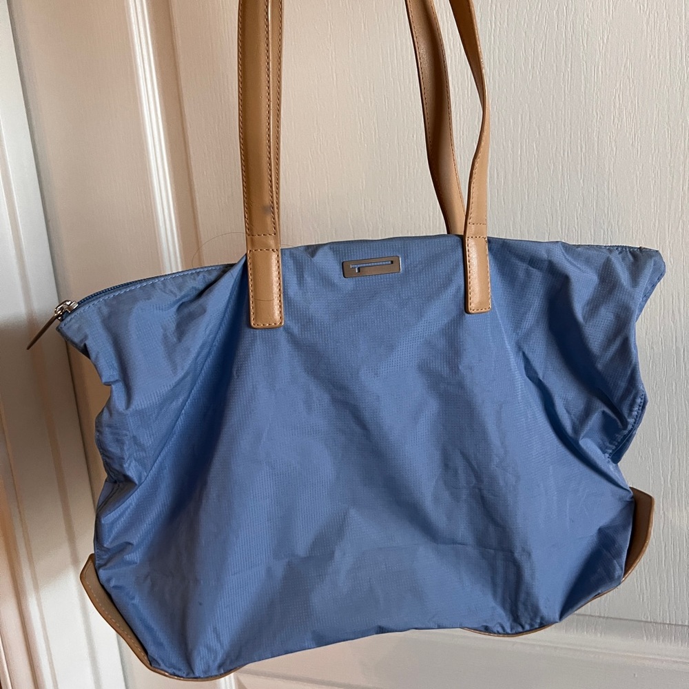 Tumi Light Blue Travel Tote Bag with Tan Trim